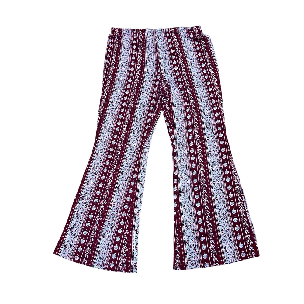 Cato Womens Burgundy Paisley Floral Stripe Flare Wide Leg Boho Pants Large